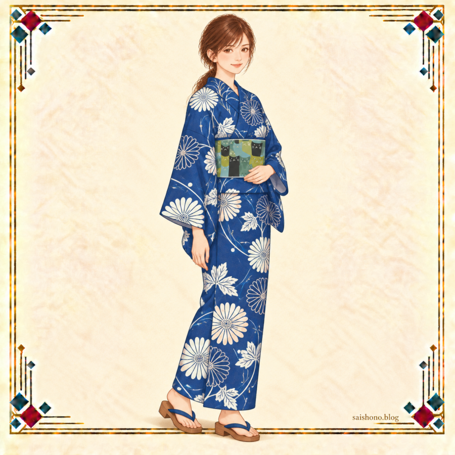 青い菊と露芝の浴衣に緑の猫模様の帯を合わせ、足に前後差をつけて立つ夏担当の全身コーデ